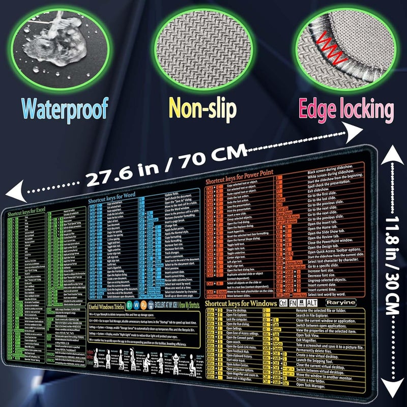 Raryine Excel/Word/Power Point/Windows Mouse pad,Non-Slip&Waterproof Large Gaming Office pc Desk mat,Over 200 Keyboard Shortcuts Mousepad(27.6L x 11.8W inches) - Image 3